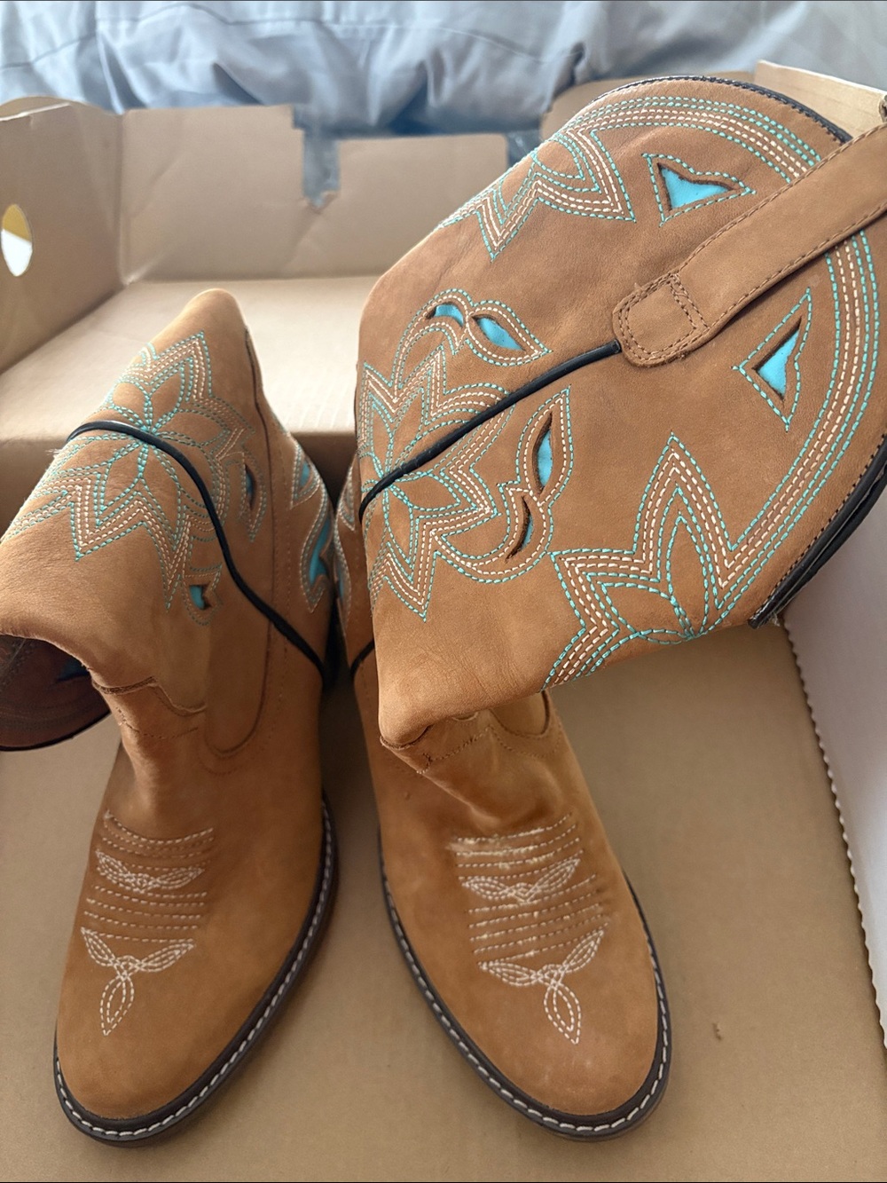 Roper Tan Suede Moto Boots with Turquoise Embroidery